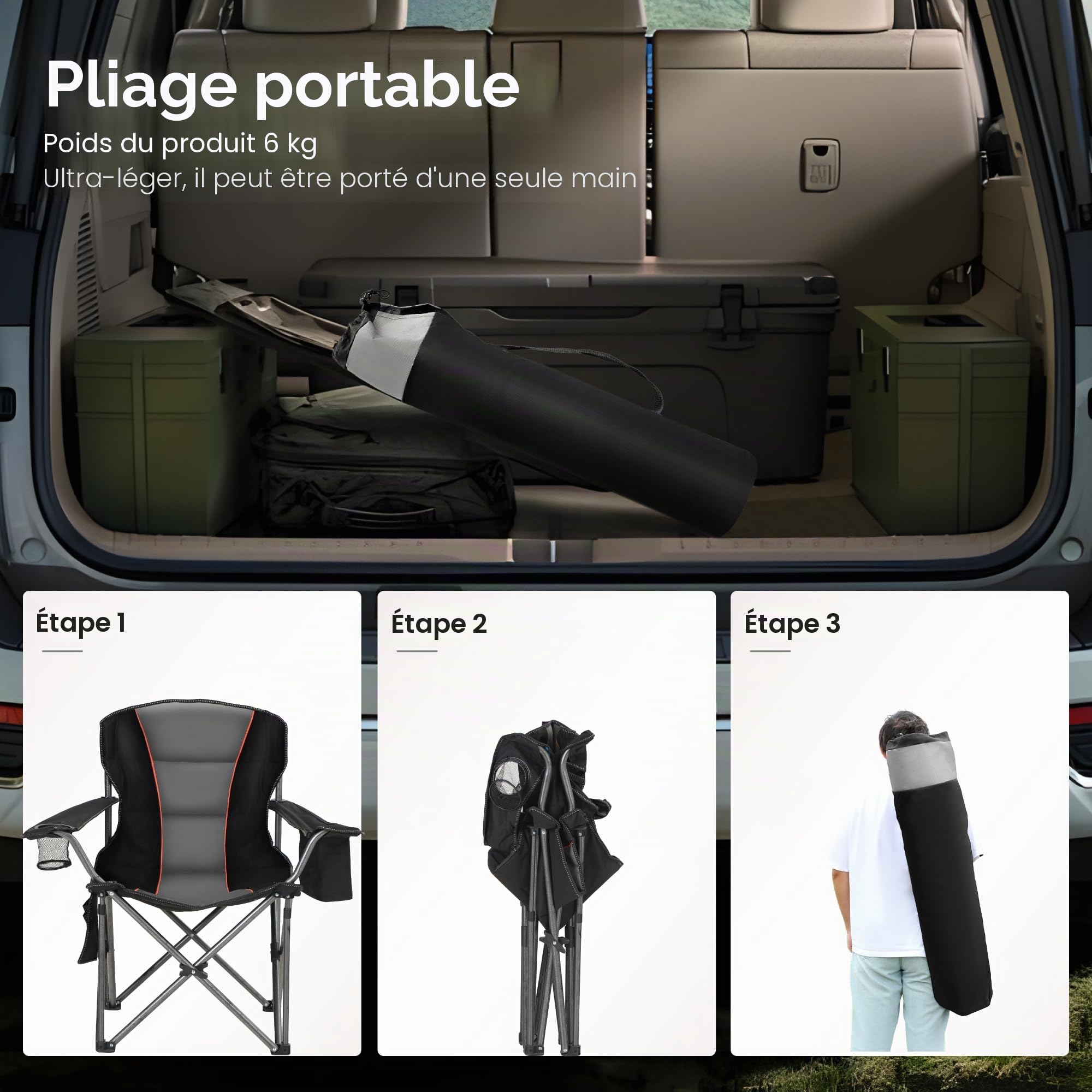HIGH POINT SPORTS Chaise Pliante Camping 200KG, Chaise de Camping Pliable Portable Surdimensionnée Chaise Pliante Exterieur et Interieur Fauteuil Camping Chaise de Peche Noir