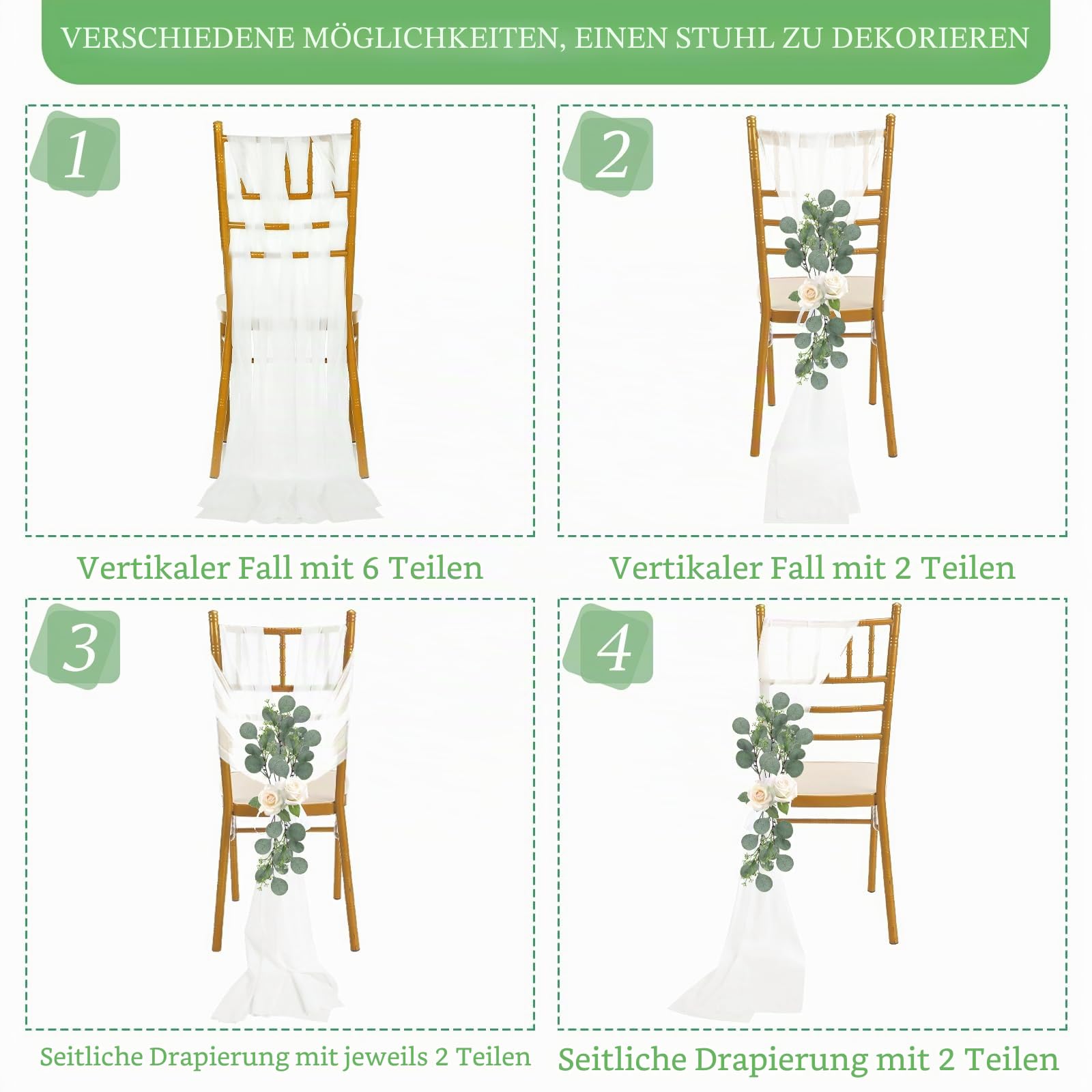 VitalCozy 24 Stück Hochzeit Gang Dekorationen für Hochzeitszeremonie Chiffon Stuhl Schärpen mit Bändern und künstlichem Eukalyptus Stiel Dekor für Hochzeit Kirche Stuhl Gang Bulk Dekorationen