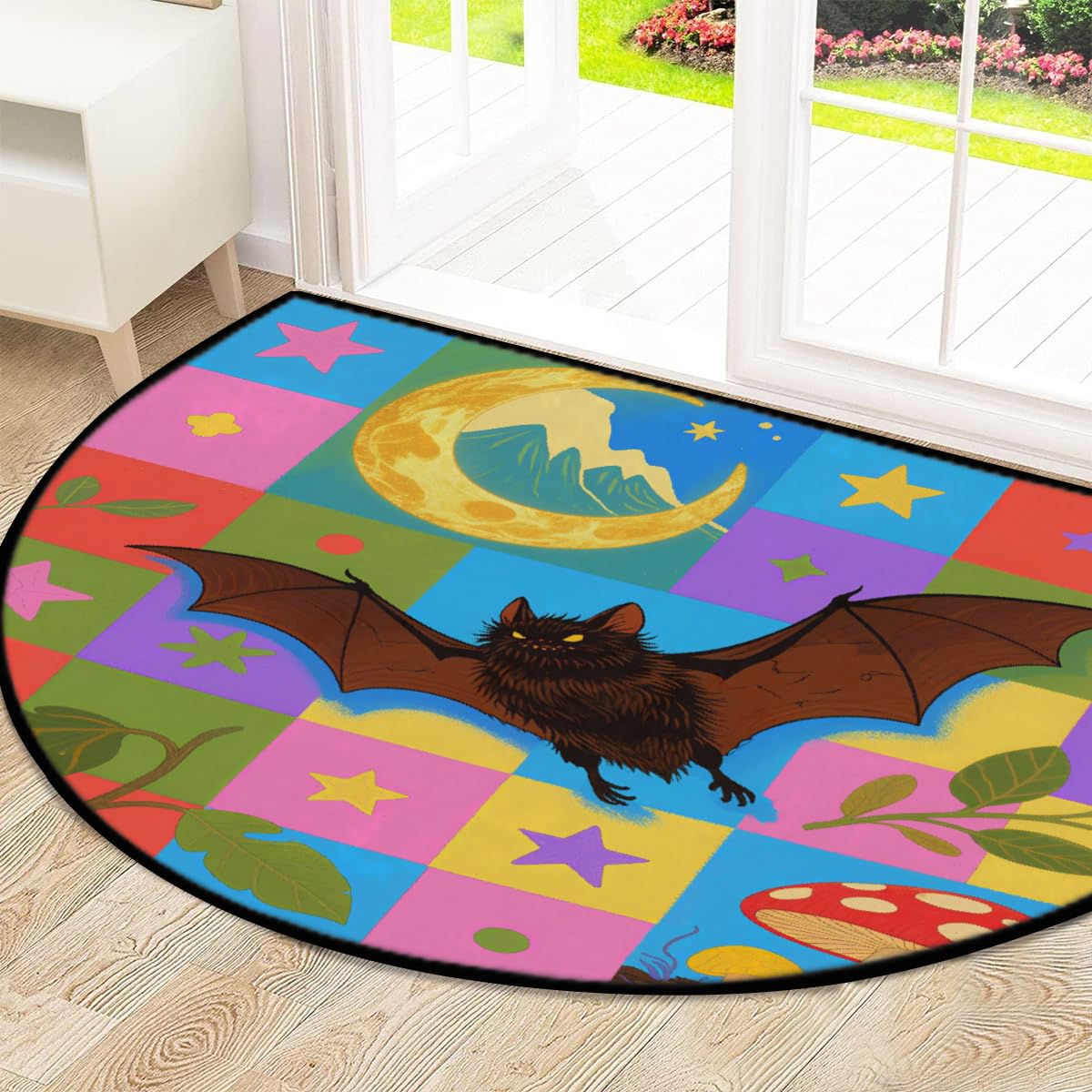 Große halbrunde Fußmatte – schwarzer Fledermaus-Mond-Teppich, rutschfest, saugfähig, halbrund, Eingangsbereich, niedlich, weich, halbrund, waschbar, Teppich für Küche, Badezimmer, Schlafzimmer