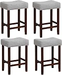 ERGOMASTER 24” Backless Bar Stools, Solid Rubber Wood, Button-tufting Seat, Dark Grey/Dark Wood, Set of 2