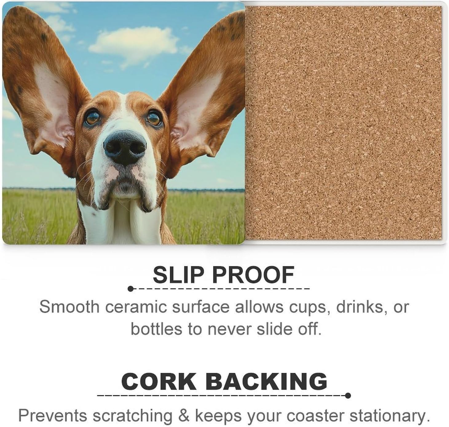 Basset Hound Dog Funny Funny Ceramic Coasters for Drinks Absorbent Cup Holder Tabletop Protector with Cork Base