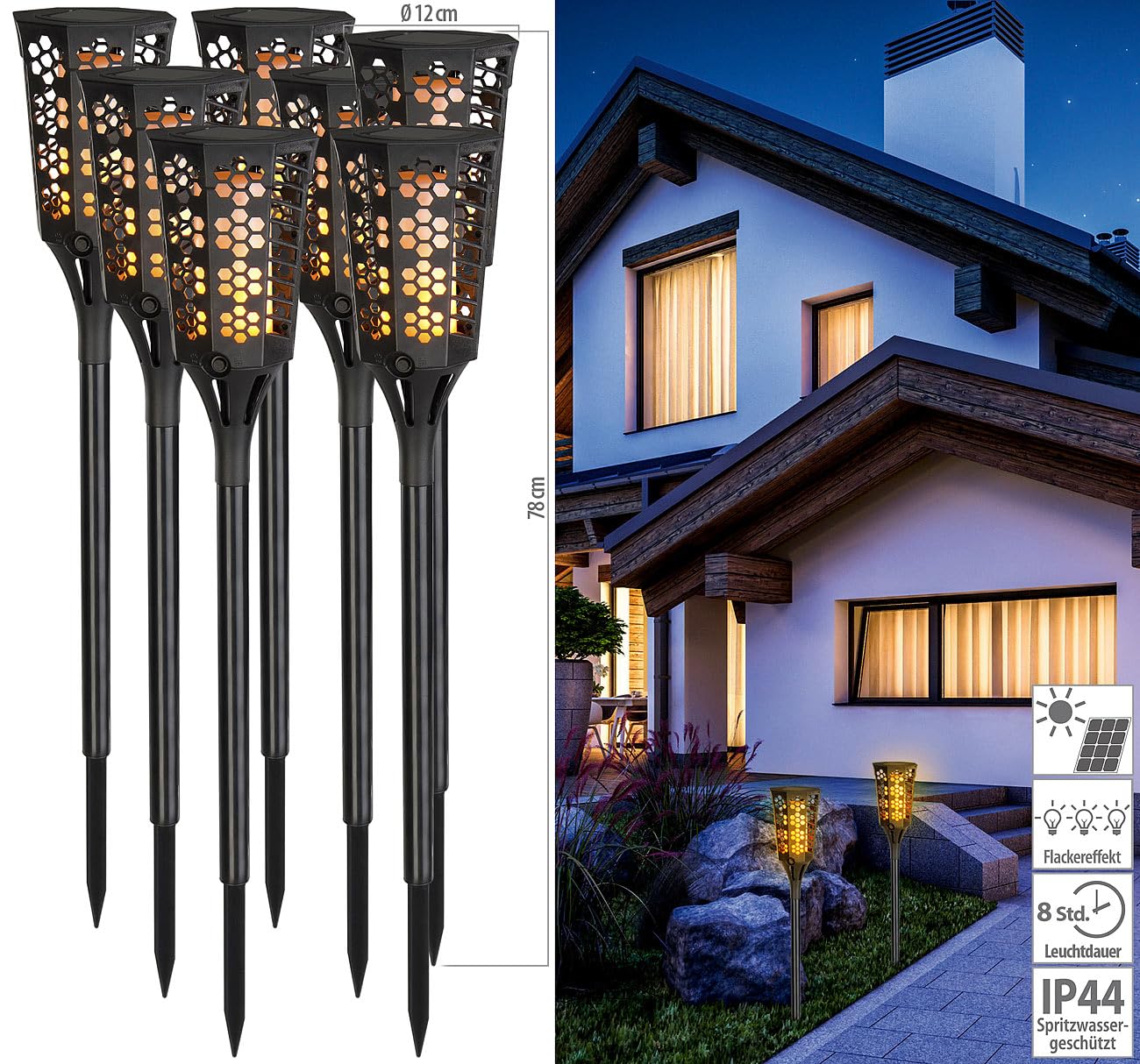 Lunartec Fackel Solarleuchten: 8er-Set LED-Solar-Gartenfackeln mit Flammen-Effekt und Akku, 78 cm (Solarlampen Garten Fackel, LED-Solarleuchte)