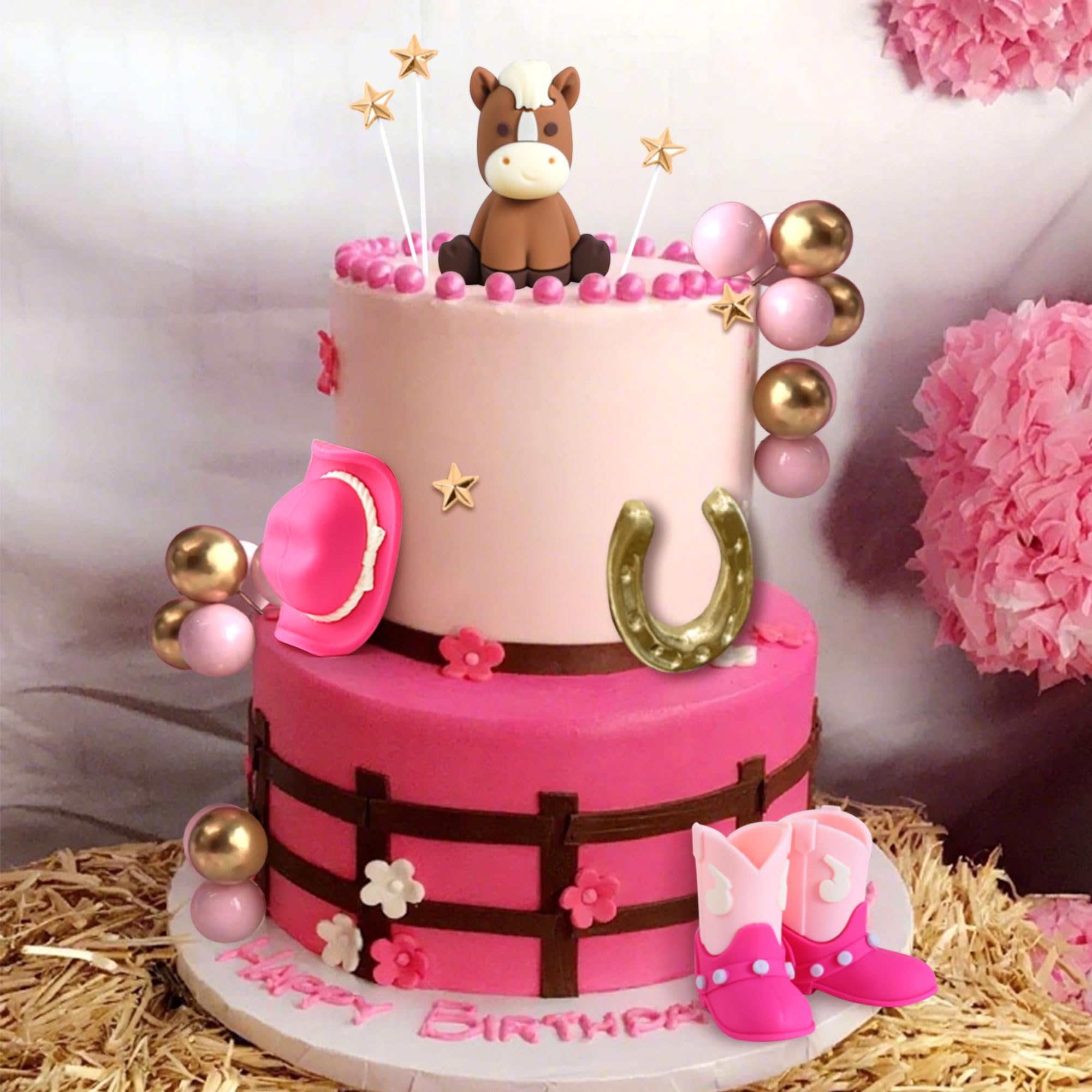 Western Cowgirl Cake Topper Hat Boots Cow Balls Birthday Party Decor