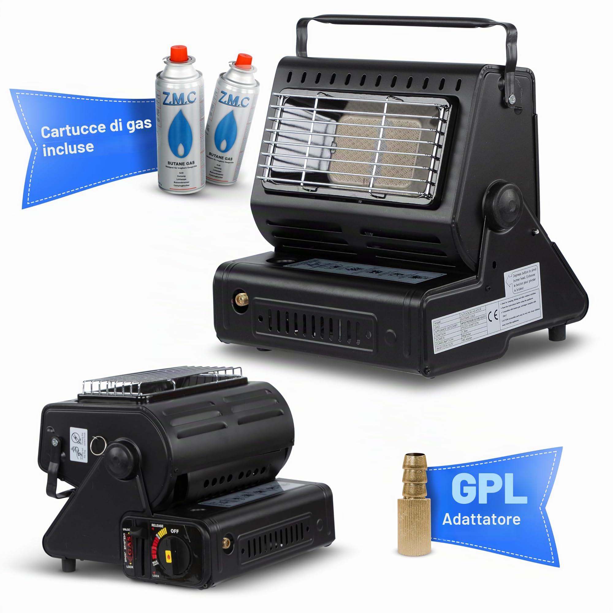 Z. M.C 2-in-1 Riscaldamento a Gas e Fornello a Gas con LPG Collegamento + 4 Cartucce di Gas 227g, Campeggio Riscaldamento 1,3 kW, Stufa per Esterno con Bruciatore Piezo