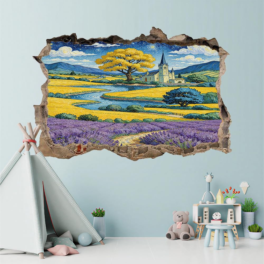 3D Wandtattoo Wanddurchbruch Wandaufkleber, Lavendelfelder Wandsticker Wanddeko Wandbilder, Baumburg-Landschaft Wandaufkleber Für Schlafzimmer Badezimmer Flur Küche Möbel Aufkleber
