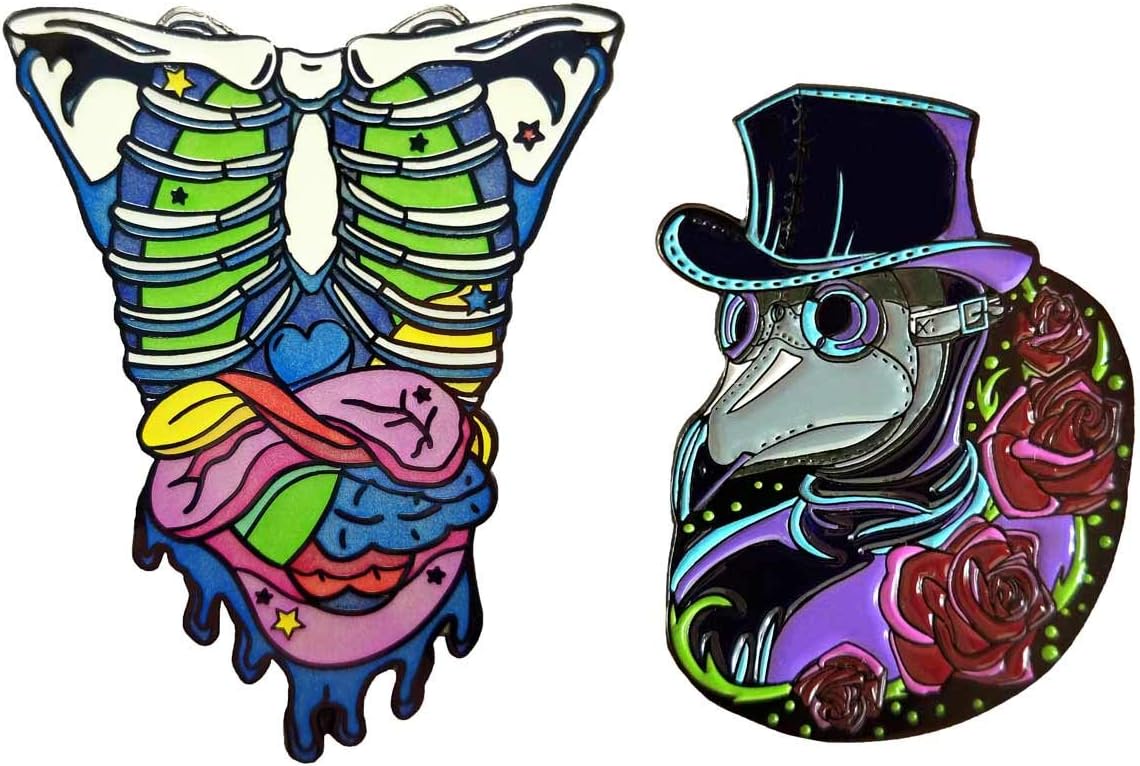 Candy Gore Rib Cage and Gummy Guts - Neon Glow in The Dark 2" Enamel Pin and Plague Doctor 1.5" Enamel Pin Set