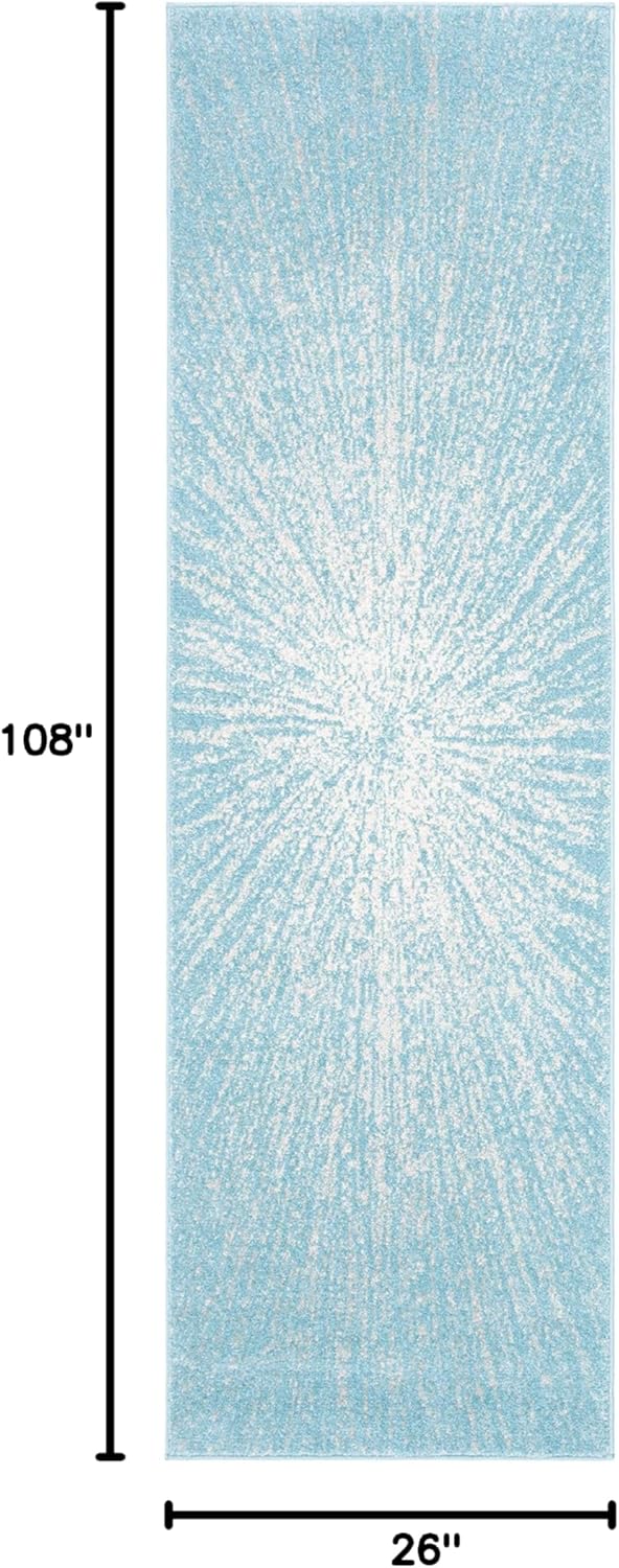 Ivory and Aqua Easy-Care Synthetic Runner Rug, 2'2" x 9'