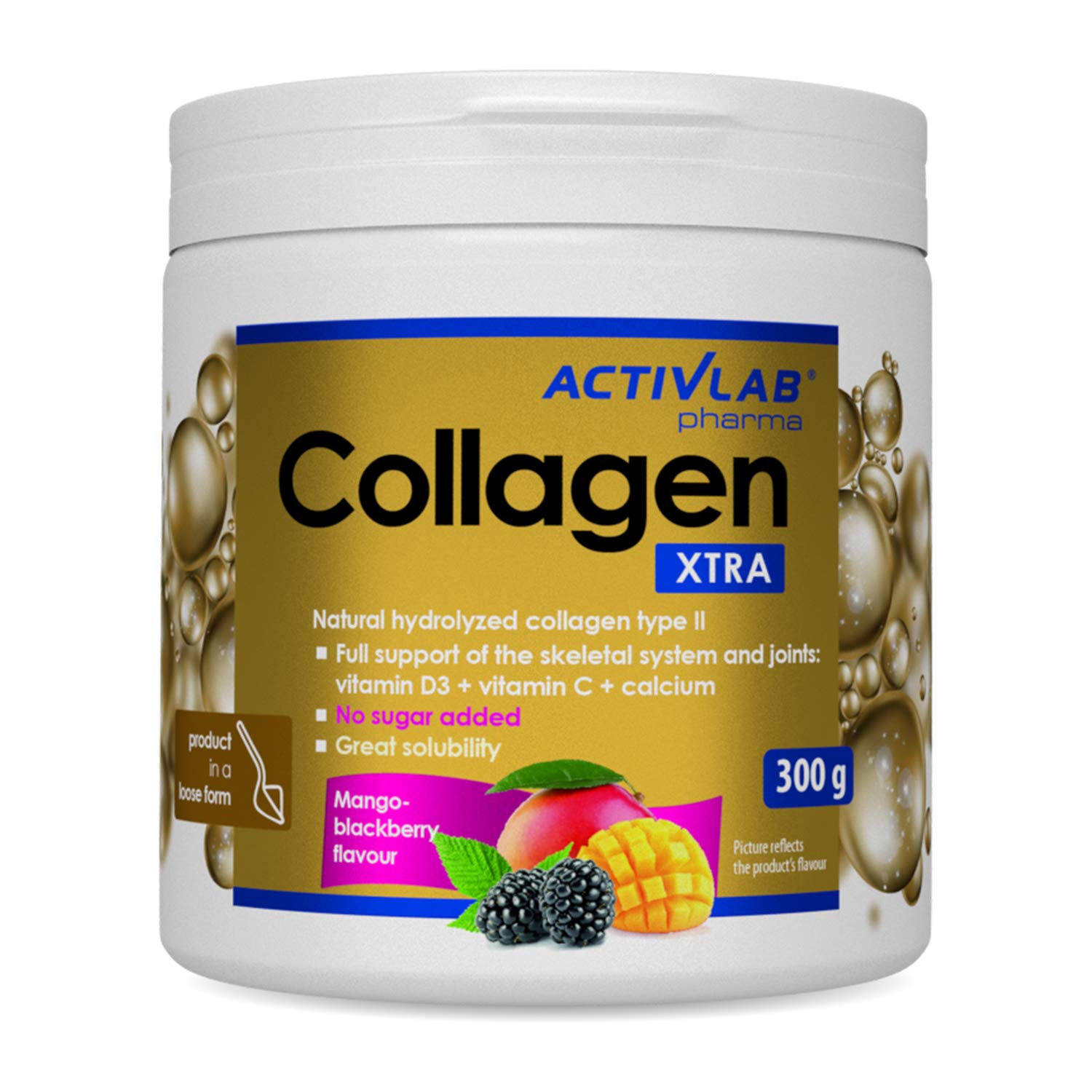Activlab Pharma Collagen Extra 300g Jar | Hydrolyzed Protein Collagen Powder with VIT. C, D3 and Calcium | Joint and Cartilage Protection | Colagen Supplement - Mango and BlackBerry Flavor