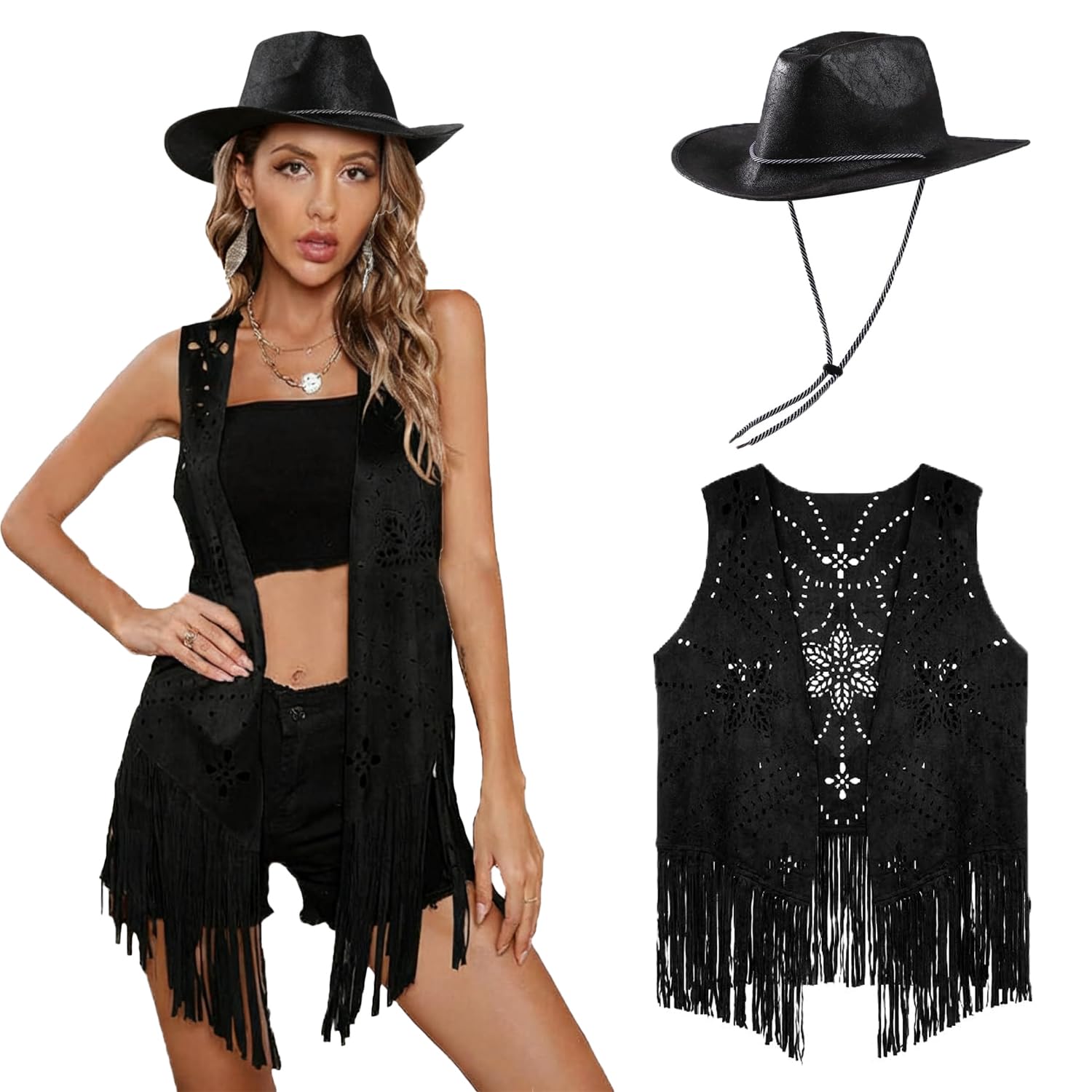 ITODA Western Cowgirl Costume Outfits 60s 70s Sleeveless Waistcoat Vest Retro Leather Cowboy Hat Hollow Fringe Jackets Hippie Costume Fancy Dress Set for Halloween Carnival Cosplay Party — image 1