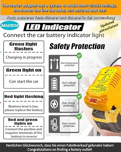 Miniatura 4 de Adaptador de arranque de puente para DeWalt 20V 60V batería cables de salto de coche, hasta 3.5L gasolina o 6.5L motores diésel, 12V portátil