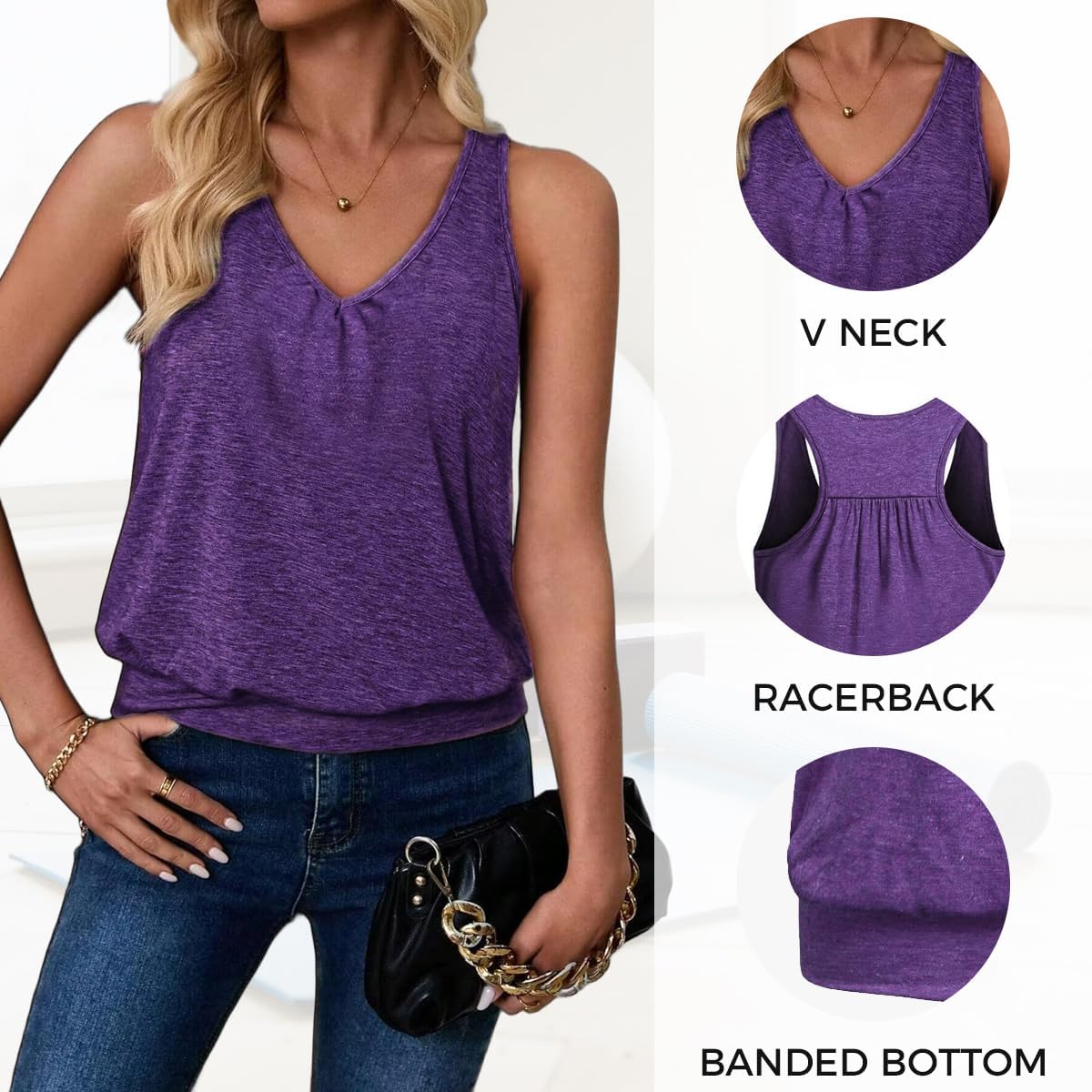 Womens Sleeveless V-Neck Tank Tops Workout Loose Fit Tops for Women Athletic Banded Bottom Tank Casual Shirts - Image 2