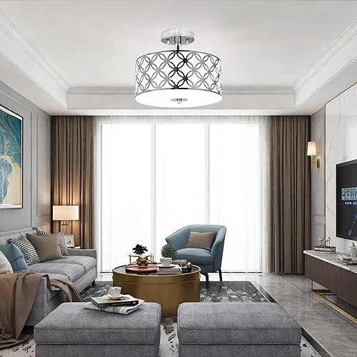 Miniatura 6 de Lámpara de techo semiempotrada con patrón rectangular dorado con pantalla de tambor para uso en interiores, sala de estar, comedor, cocina, lámparas