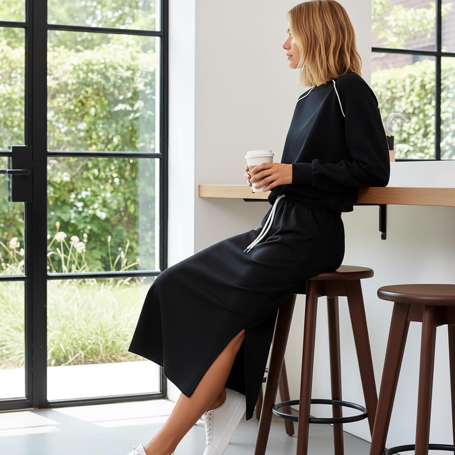 Women Skirt Sets 2 Piece Outfits Casual Crew Neck Top Travel Midi Dress Sets Black - Image 2