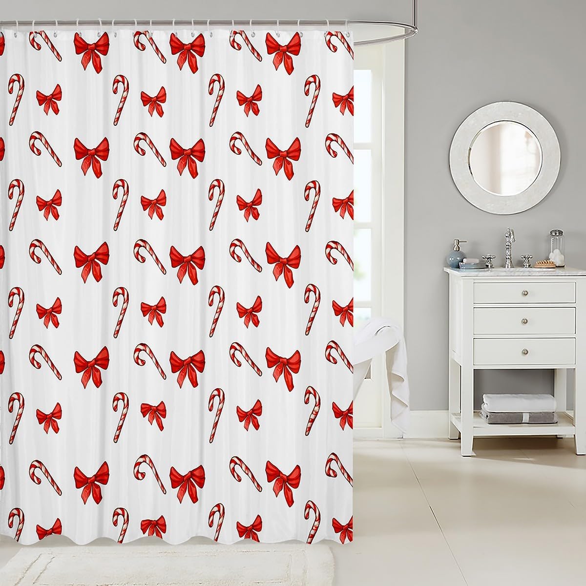 Manfei Christmas Kids Shower Curtains Red Bow Candy Cane Print Bathroom Curtains for Boys Girls Room Decor, Xmas White Waterproof Bath Curtains with 12 Hooks Suits for Bathtub, 72" W x 72" L image 2