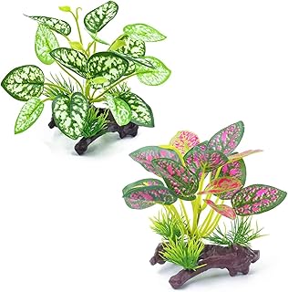 2pcs Reptile Artificial Plants, Terrarium Plants Decorations Supplies, Aquarium Fish Tank Plant, Amphibian Habitat Hideout Tank Accessories (White + Red Leaves)