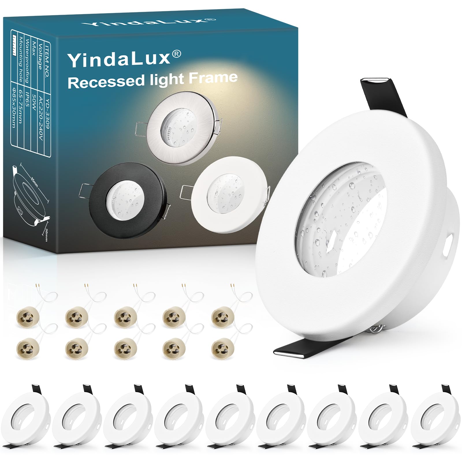 YindaLux 10 Pack GU10 Recessed Spotlight Frame IP65 White, 30° Adjustable Iron Downlight Bezel 230V with GU10 Holder, Ø85mm, Cut Out 65-75mm Round Ceiling Spot, Bulb Not Included