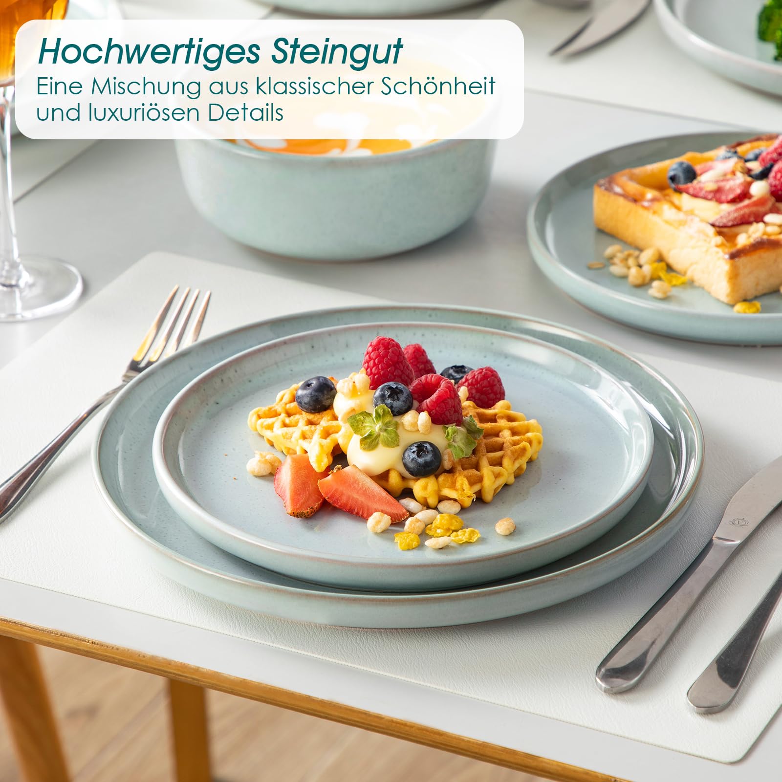 Steingut Geschirrset 12 Personen, vancasso ANYA Mintgrün Teller Set Modern 36 teilig,Tafelservice mit Speiseteller, Desserttellern und Schüsseln, Geschirr Set Spülmaschinen und Mikrowellenfest