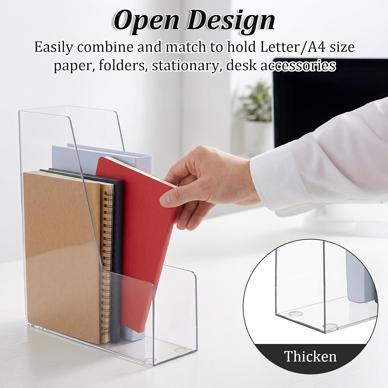 2 PCS Vertical File Holder, Clear Acrylic Desk Organizer for Office, Acrylic Magazine File Holder Rack, Plastic Document Storage Bins for Magazines, Binders, Notebooks & Envelopes, Space Saving for Ho image 5