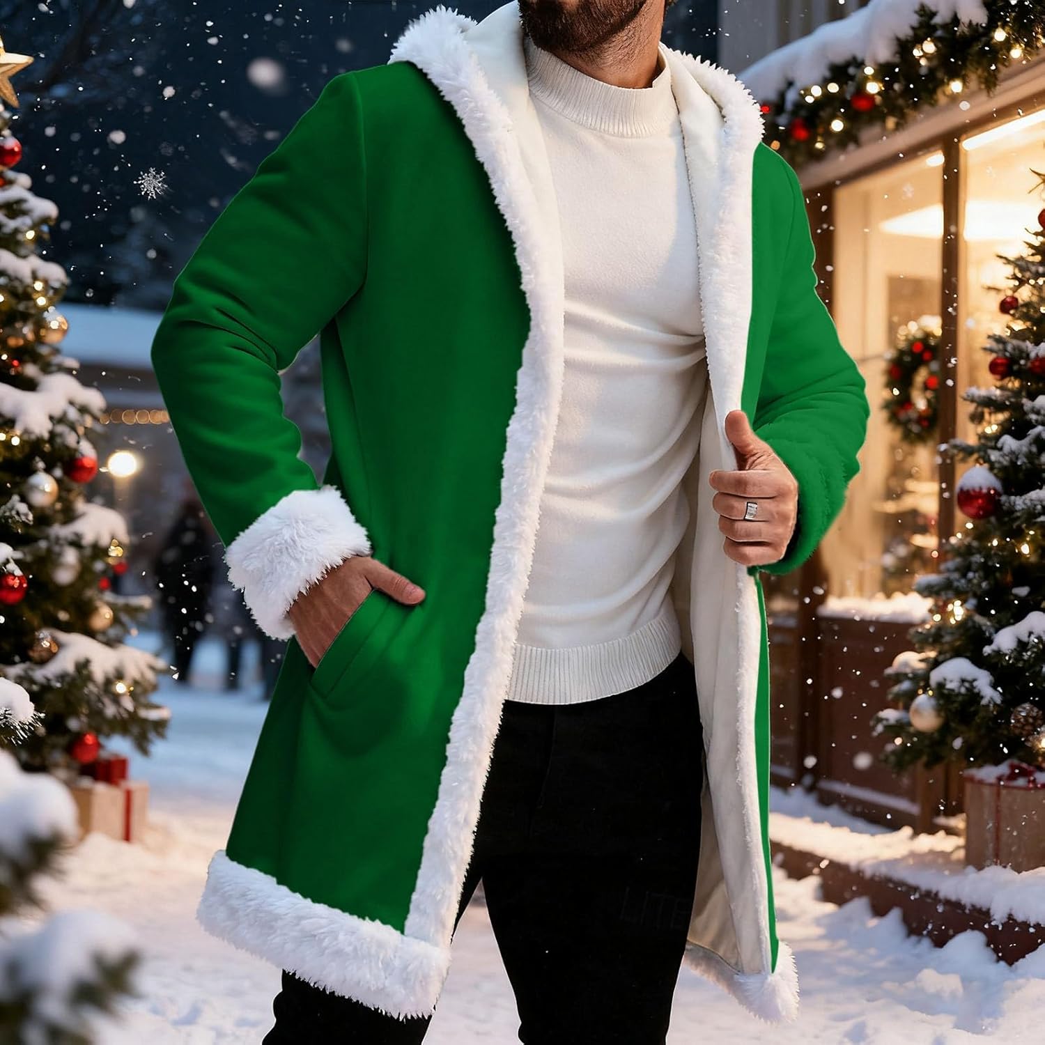 Christmas Men's Long Cardigan Hoodies Women White Faux Fur Trim Warm Santa Claus Xmas Hooded Coat With Pocket