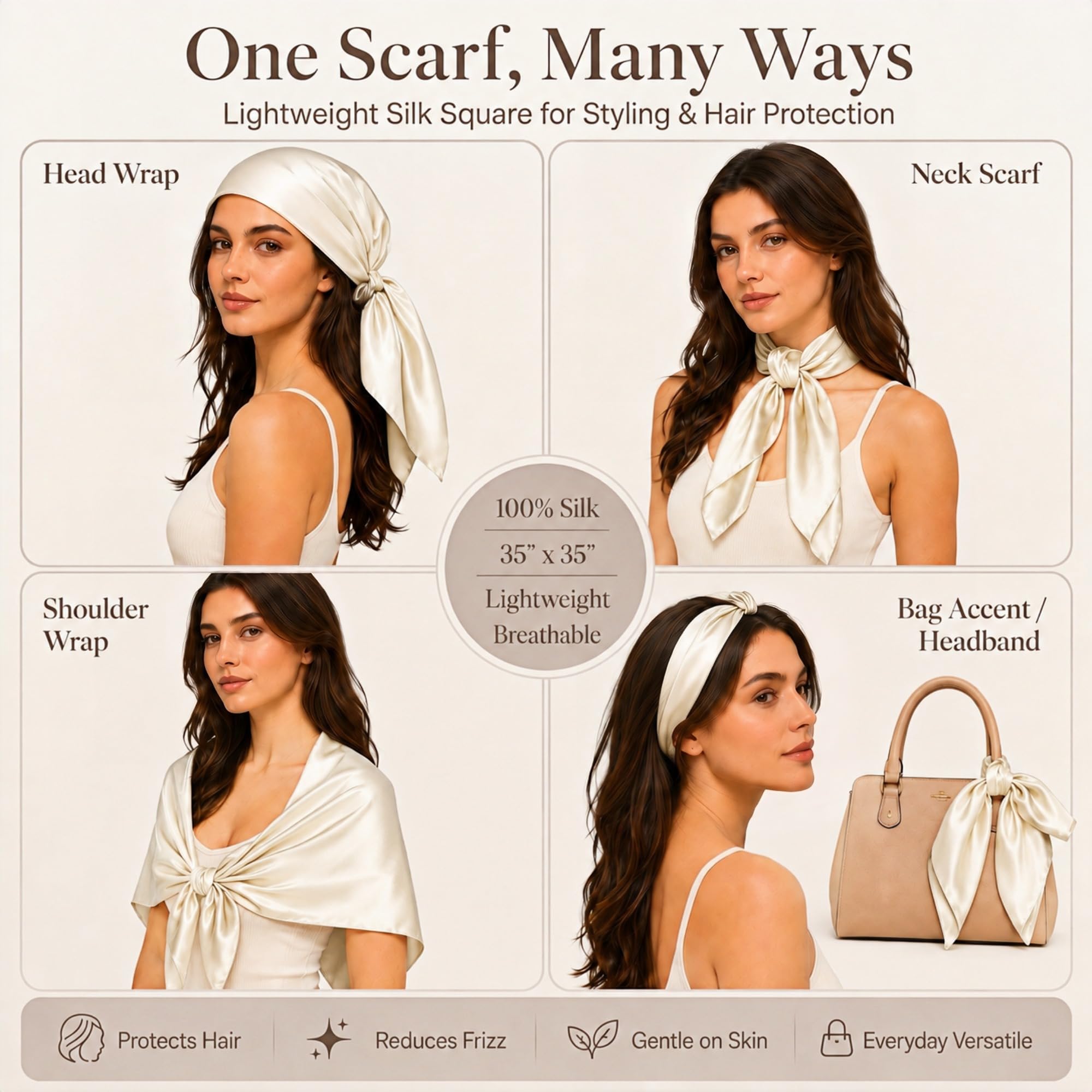 PoeticEHome Kopftuch aus 100% Maulbeerseide 90x90 cm - einfarbig Klasse 6A Anti-Frizz Haarwrap zum Schlafen, Wachsen Bandana, Geschenkfertig