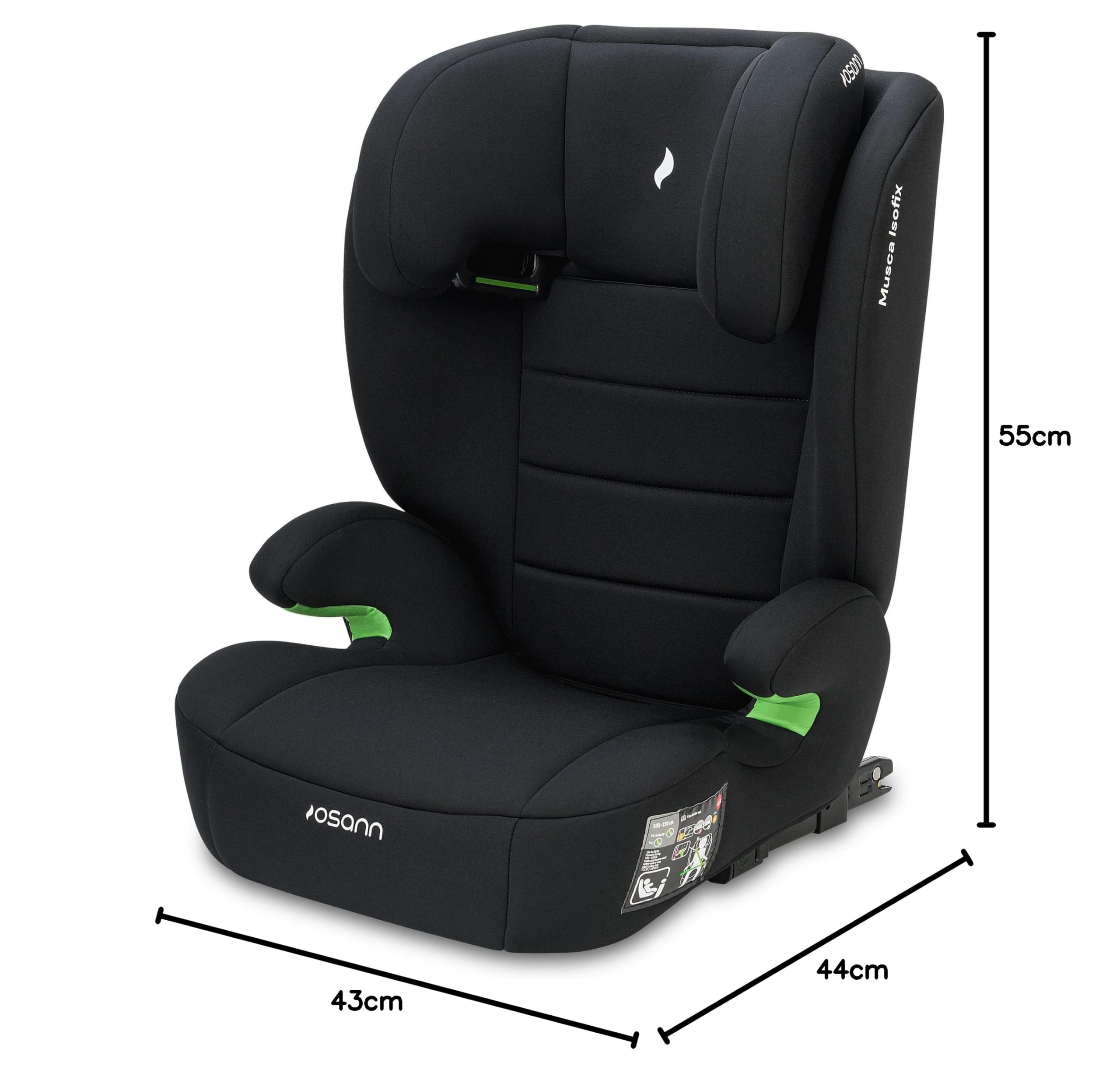 Osann Musca Isofix Kindersitz ab 3 Jahre 100-150 cm, Autositz mit Isofix | Sitzerhöhung mit Rückenlehne, Kindersitz 15-36 kg, mitwachsender Kinderautositz extra weich und bequem - Black