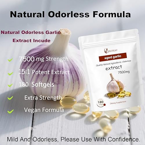 Miniatura 2 de Extracto de ajo envejecido  7500 mg inodoro  180 cápsulas blandas  Sin OMG, sin gluten  Apoya la salud inmunológica (1)