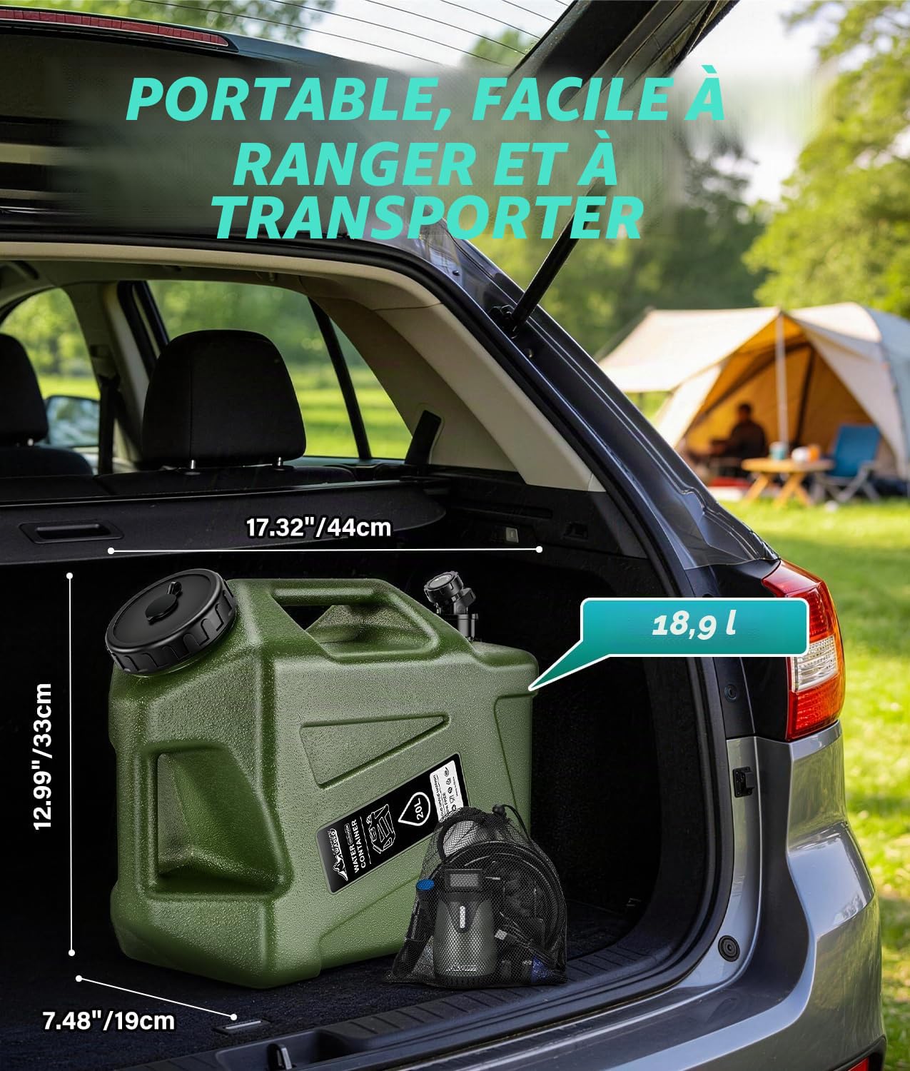 WADEO Douche de Camping Portable – Réservoir d’Eau 20 L, Pompe Rechargeable 5 Vitesses, Écran LED, IPX8 – Kit Extérieur pour Camping, Randonnée, Voyage, Lavage Auto, Bain Animal, Plage