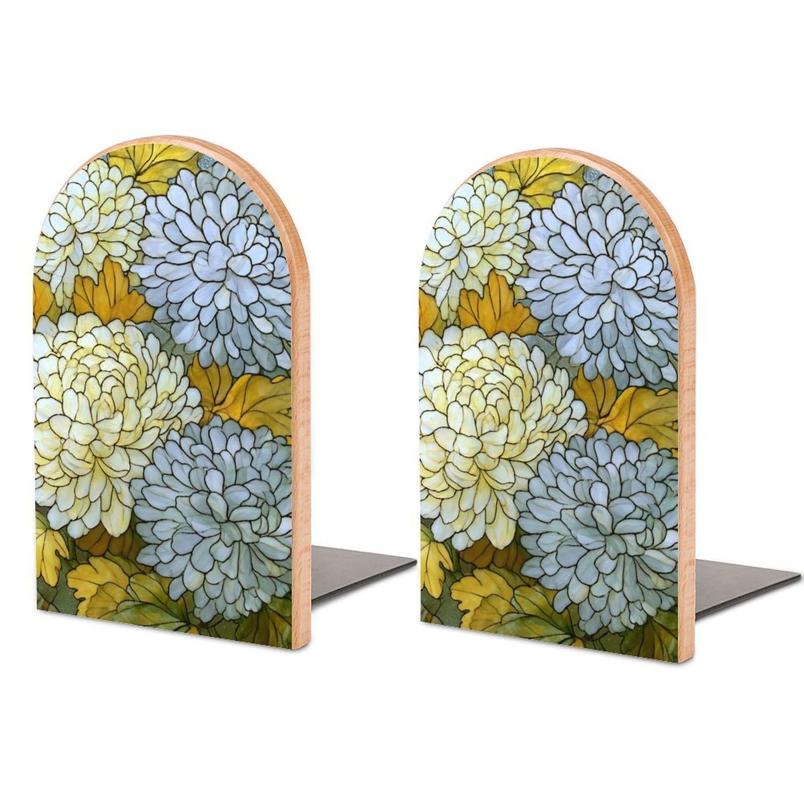 Stained Glass Grey Chrysanthemum Flowers Wooden Bookends Shelves 2 PCS Sturdy Book Holders Desktop Organizer for Home Office Libraries