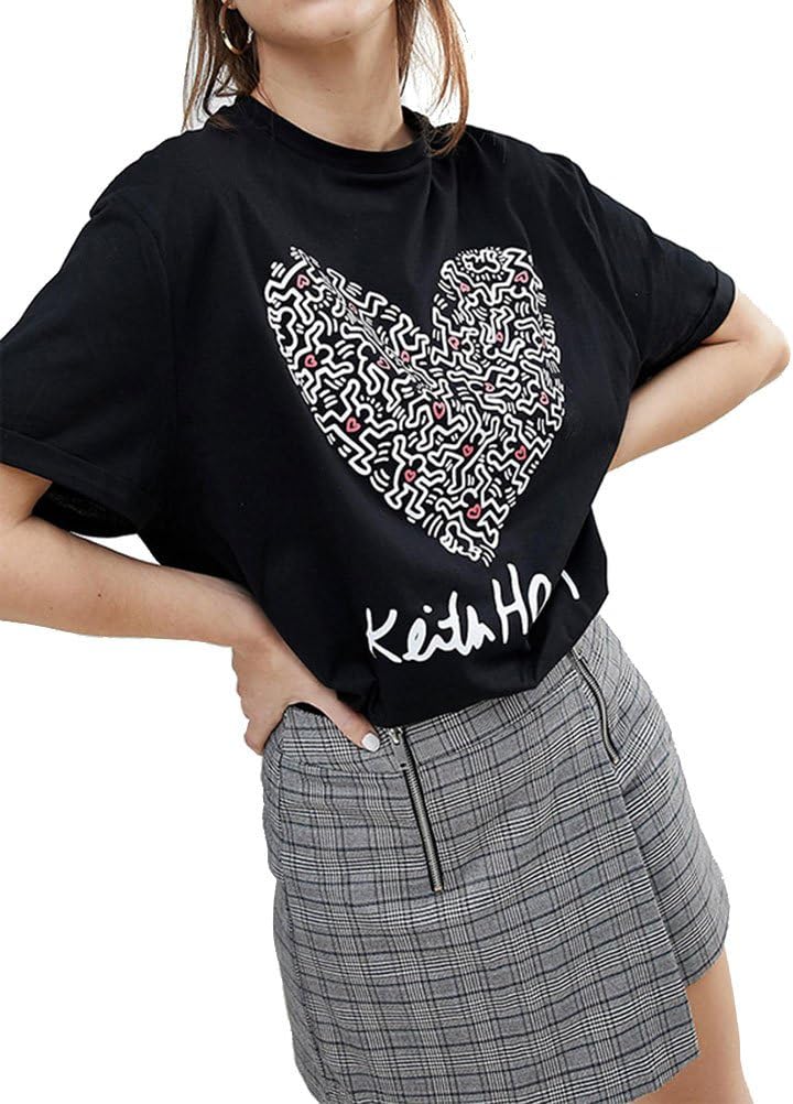 SCX Women Keith Haring Graffiti Heart Round Neck Short Sleeves T-Shirts Black