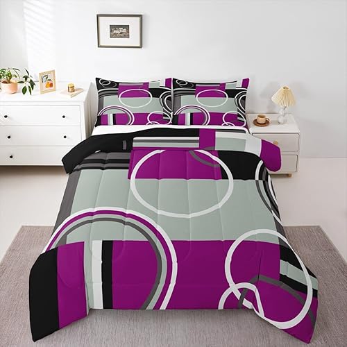 Moderno juego de ropa de cama color morado, negro y gris, tamaño Queen, con círculos geométricos, remolinos, edredón acolchado a rayas abstractas,