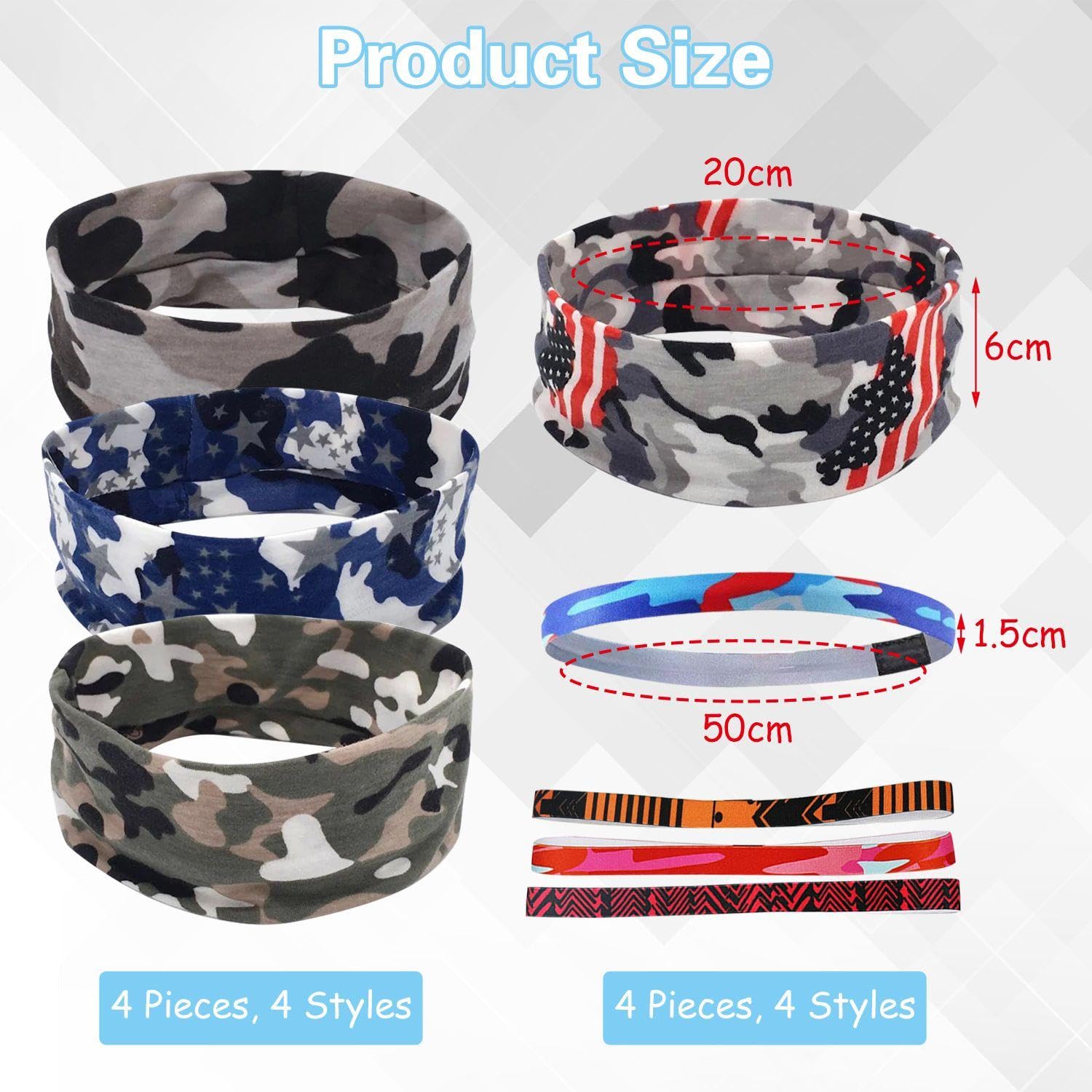 4 Bandeaux De Camouflage Et 4 Bandeaux Fins, Bandeaux De Sport, Bandeaux Élastiques, Bandeaux Doux Absorbant La Transpiration, Équipement De Sport.