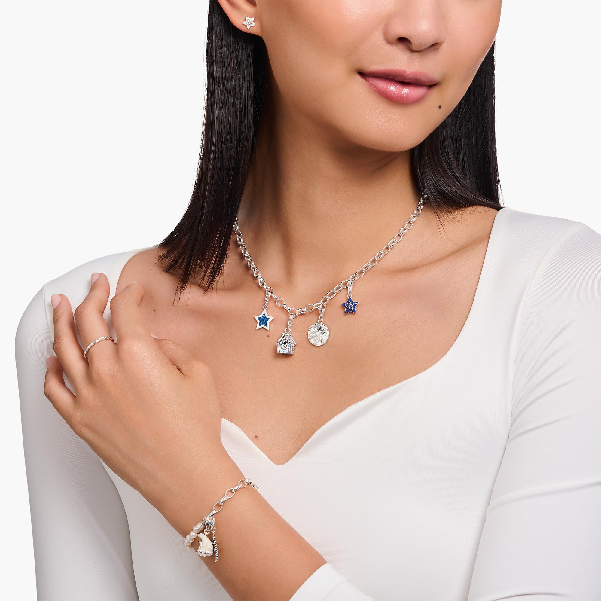 THOMAS SABO Colgante de estrella y luna para mujer, plata de ley 925, 1794-051-14, talla única, Plata de ley, Circonita blanca, circonita naranja, piedra de cristal y cerámica, corindón sintético rojo