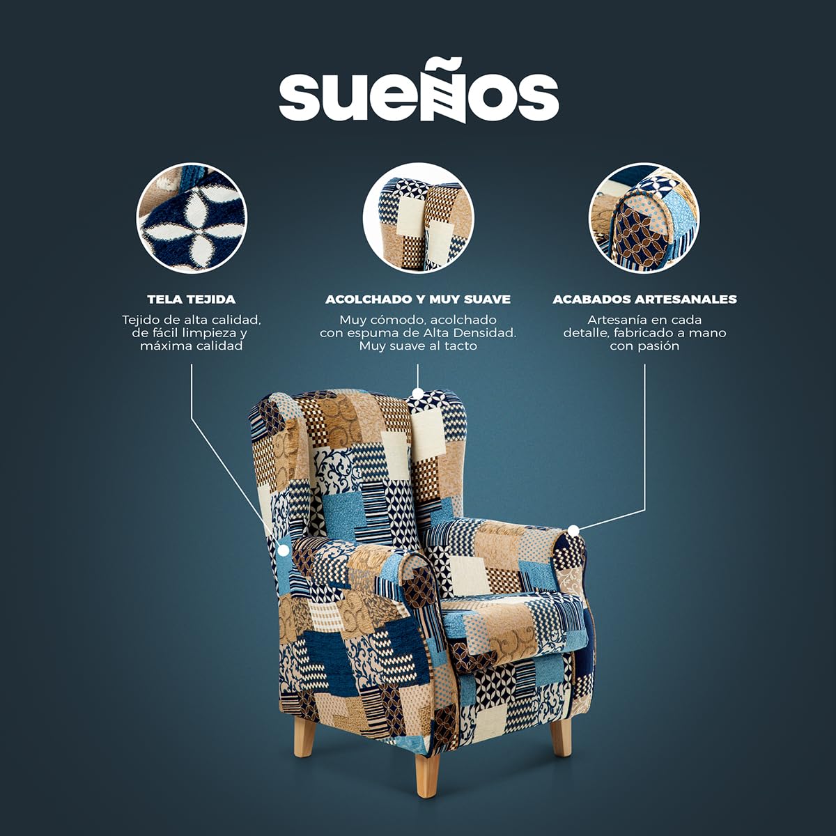 SUENOS ZZZ Sillón Irene Sillón Orejero De Lactancia Tapizado En Tela Patchwork Azul Para Dormitorio Salón O Habitación De Bebé