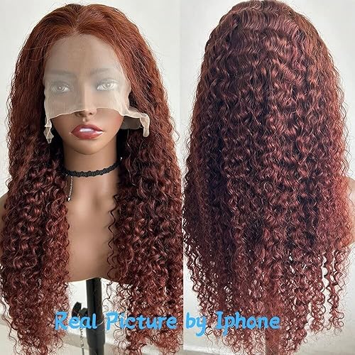 Miniatura 6 de Siyun Show Pelucas de cabello humano con encaje frontal de 13 x 4, color marrón rojizo y ondulado profundo, para mujeres negras, predepiladas, 26