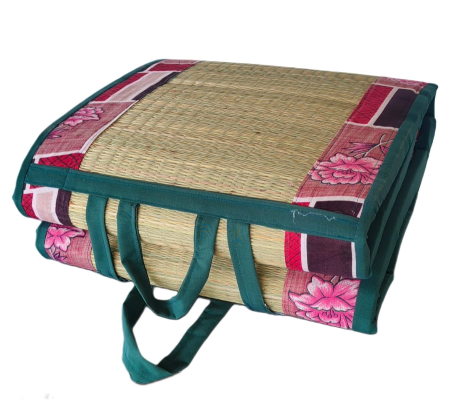 Foldable Korai Grass Mat with Bed (3 * 6Ft 1.5th,1.8kg) | Foam with Cotton CushionMattress for Single,Using Floor, Travel,sleeing,Picnic, Exercise, red Floal Patten-image-39
