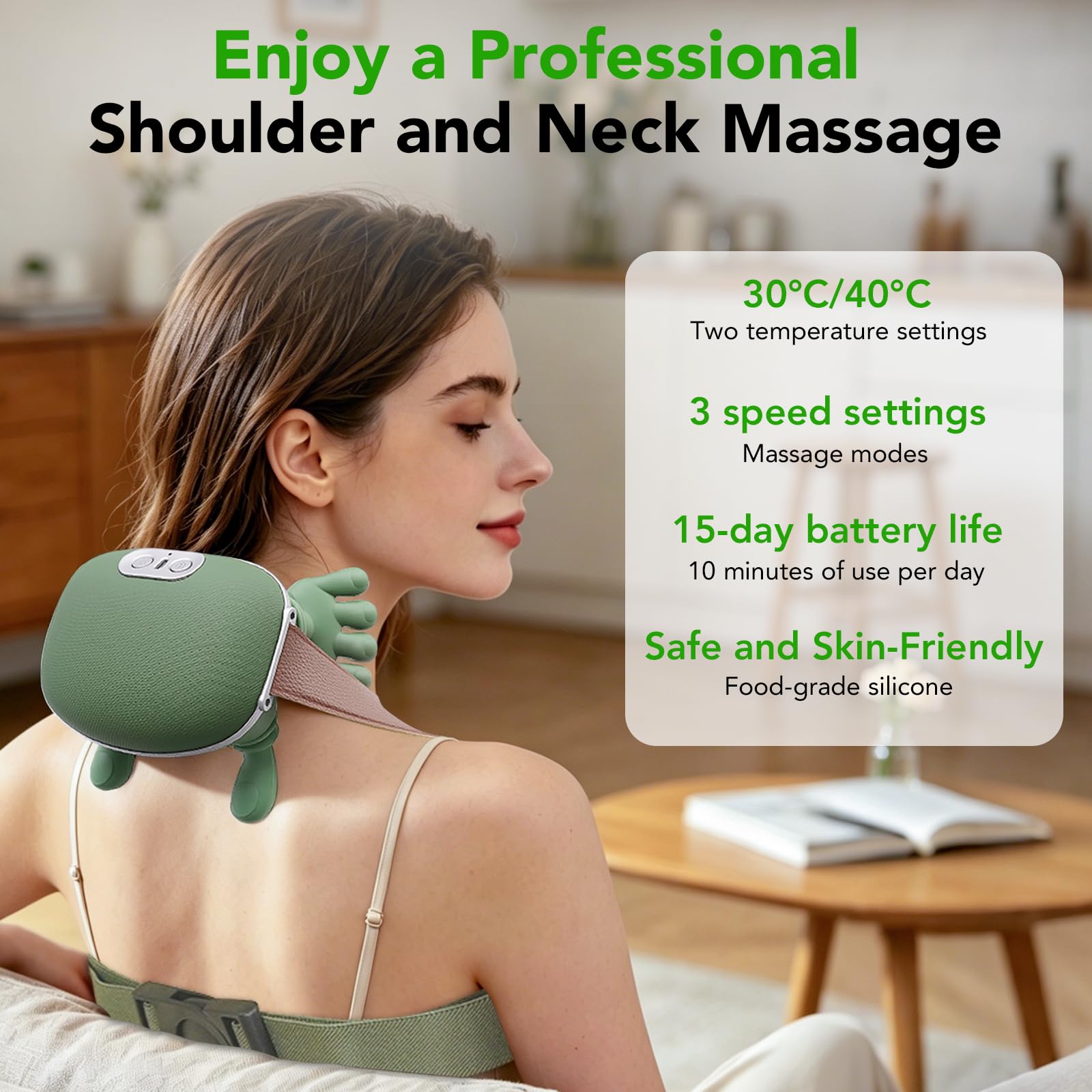 4D Masajeador Cervical y Espalda, Masajeador de Hombros para Cuello y Hombros con Función de Calor, 3 Velocidades, 2 Niveles de Calor (30°C/40°C), Masajeador para Casa/Oficina/Viajes/Regalos, Verde
