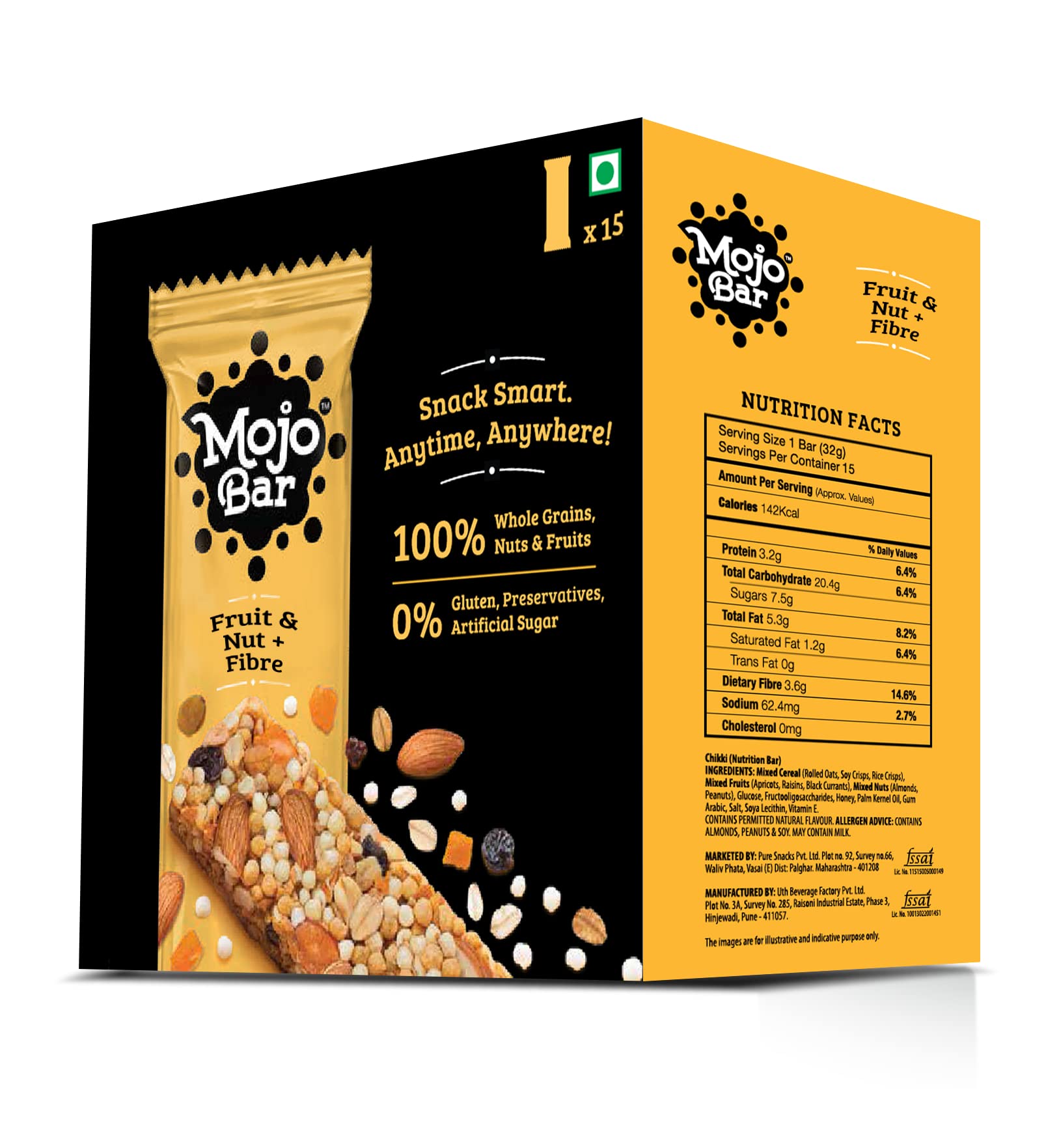 Mojo Bar Energy Bars Fruit and Nut & Fibre | 100% Whole Grains, Nut & Fruit | High Energy & Granola Bars | Pack of 15 x 32g Energy Bars | Gluten Free & No Preservatives