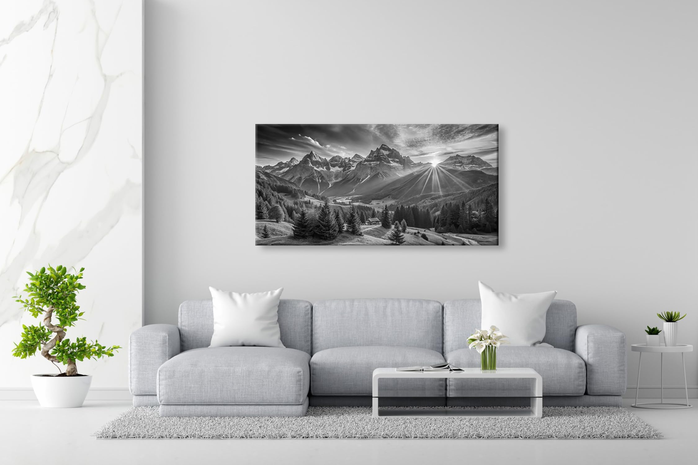 Leinwandbild Sonnenaufgang küsst die majestätischen Alpen Panorama 120x60cm Effekt: Schwarz&Weiß XXL Wandbild auf Keilrahmen/Kunstdruck/Bild Wohnzimmer Dekoration