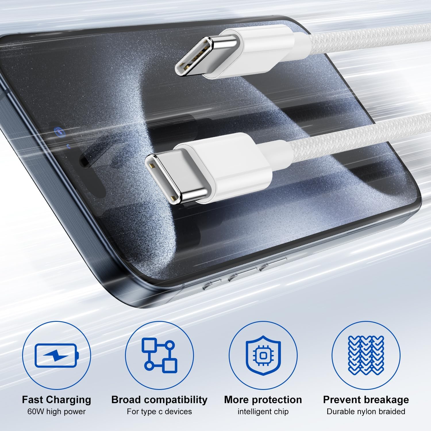 2Pack Cavo di ricarica rapida da tipo C a tipo C per telefono, cavo di ricarica intrecciato in nylon da USB C a USB C 2M per telefono/MacBook/Air/Mini/Pro/Samsung 23 + / 23/22 + / 22