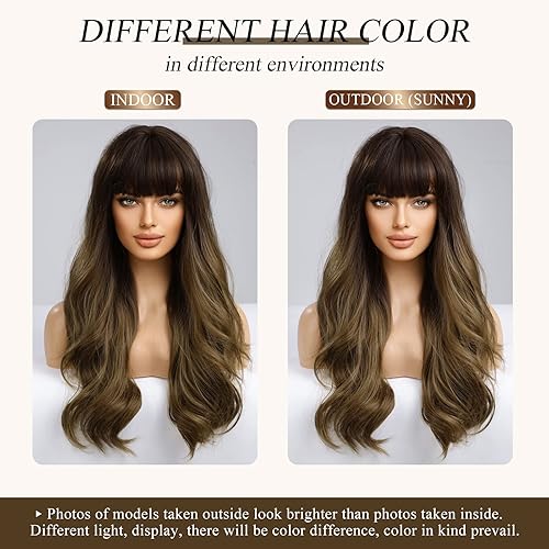 Miniatura 5 de EMMOR Pelucas de color marrón degradado para mujer, pelucas largas y rizadas con flequillo, pelucas sintéticas resistentes al calor, suaves y de