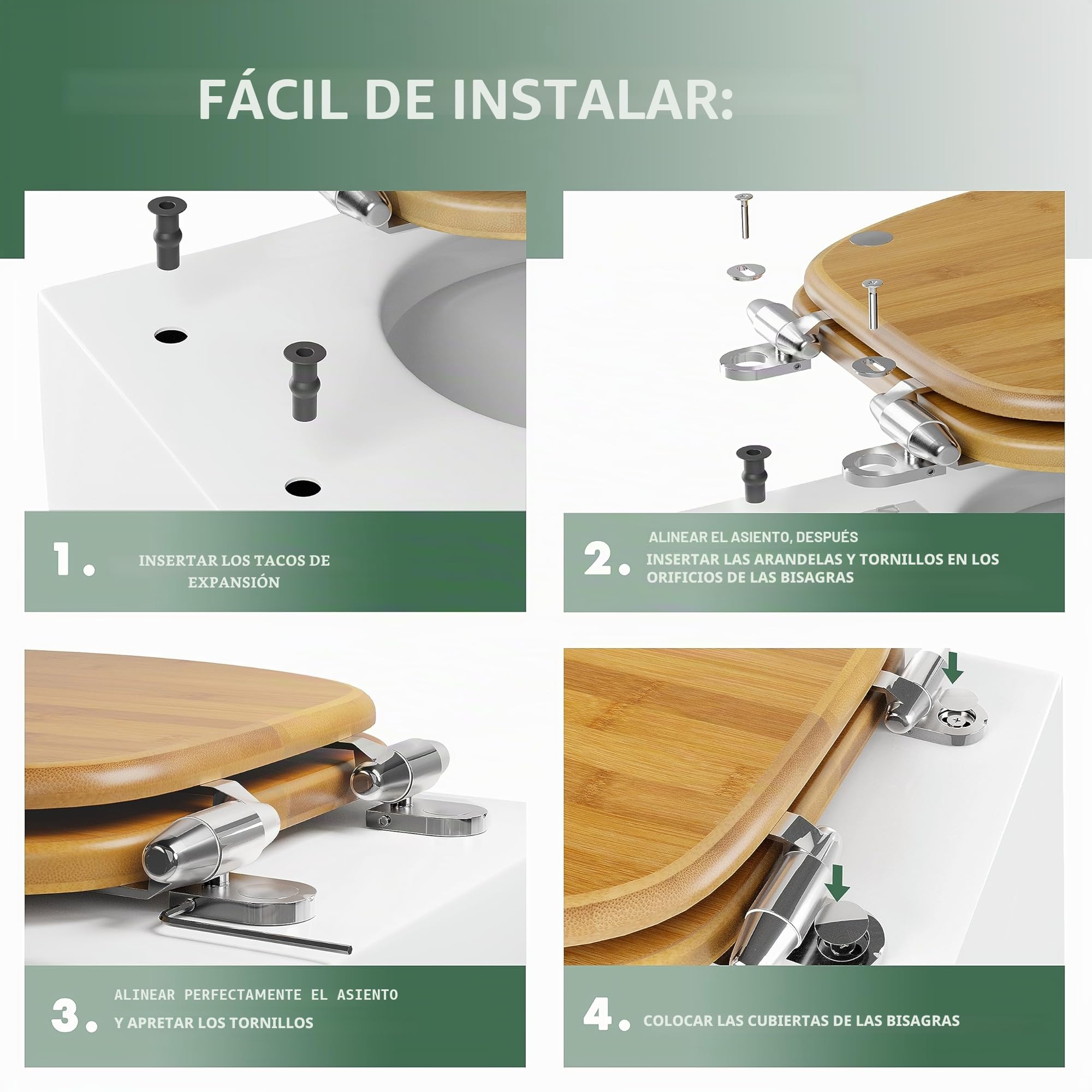 Benkstein® Tapa de inodoro con descenso suave de bambú, antibacteriano, liberación rápida para una fácil limpieza, fácil montaje, resistente y sostenible, tapa de inodoro de madera, extraíble