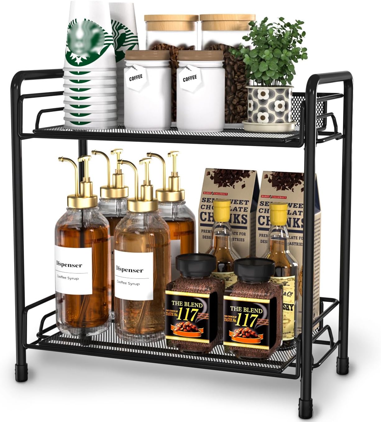 Coffee Station Organizer Cabinet, Coffee Bar Accessories Organizer for Kitchen Countertop Shelf 2 Tier(Black)