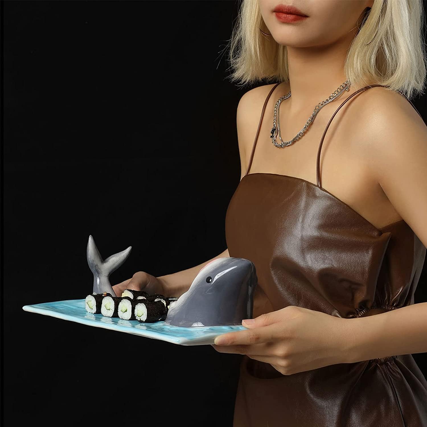 Sushi Teller Shark Keramik Sushiplatte, Sushi Platte Rechteckig Keramik Frühstückstablett Sushi-Platte mit Sojasaucenschale und Essstäbchenhalter, Für Mikrowellen/ofen/Geschirrspüler