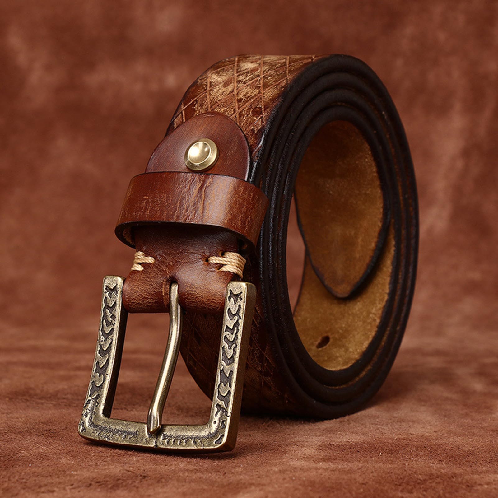 Ledergürtel, 5,5 mm, Dickes Vollnarbenleder, Herrengürtel mit Rautenmuster und geprägtem Argyle-Muster, mit Schnalle mit hoher Härte, verpackt in Einer Box