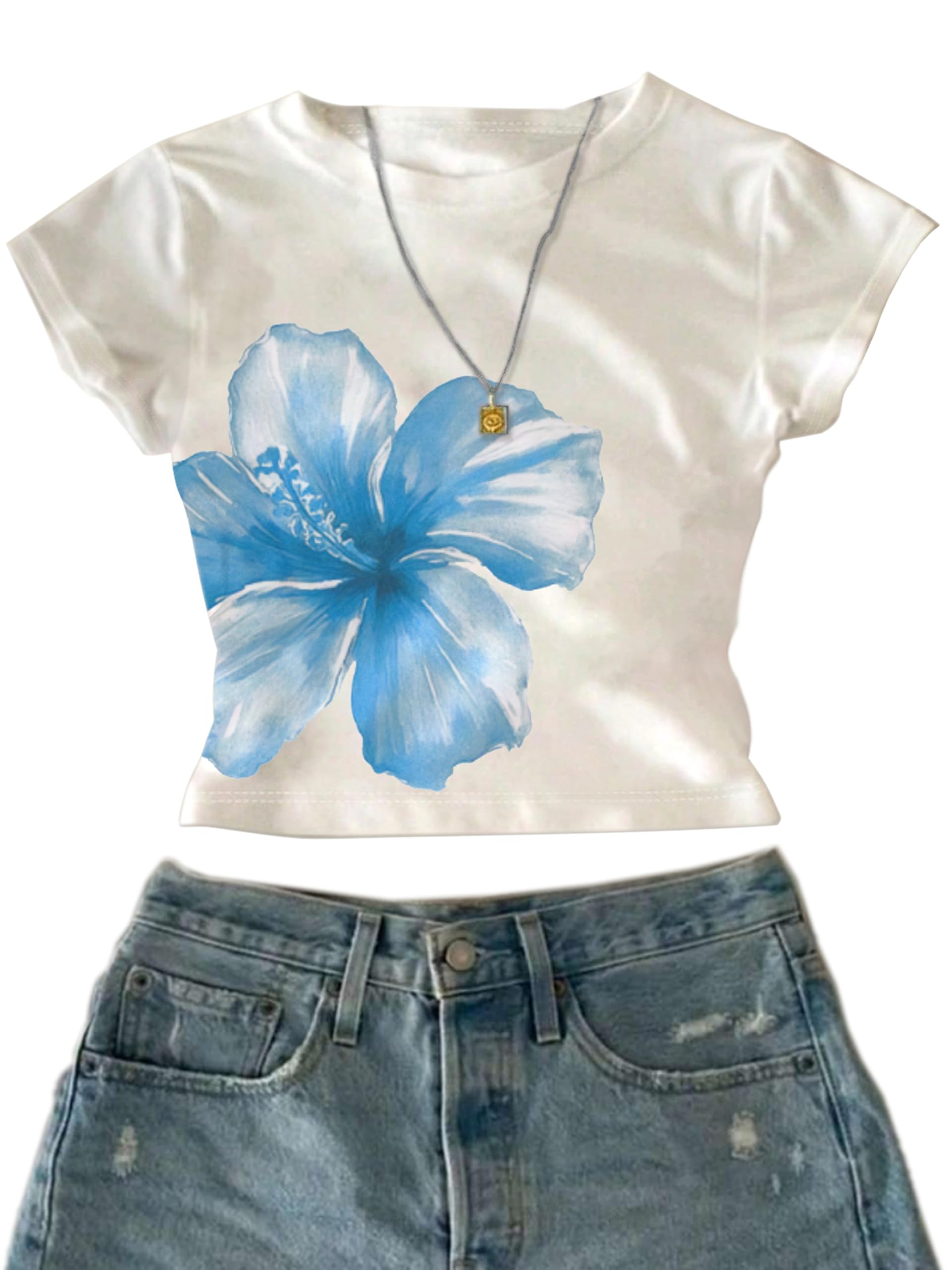 Womens Vintage Floral Graphic T Shirts Crew Neck Summer Short Sleeve Crop Tops Cute Y2k Casual Tees Trendy for Girls