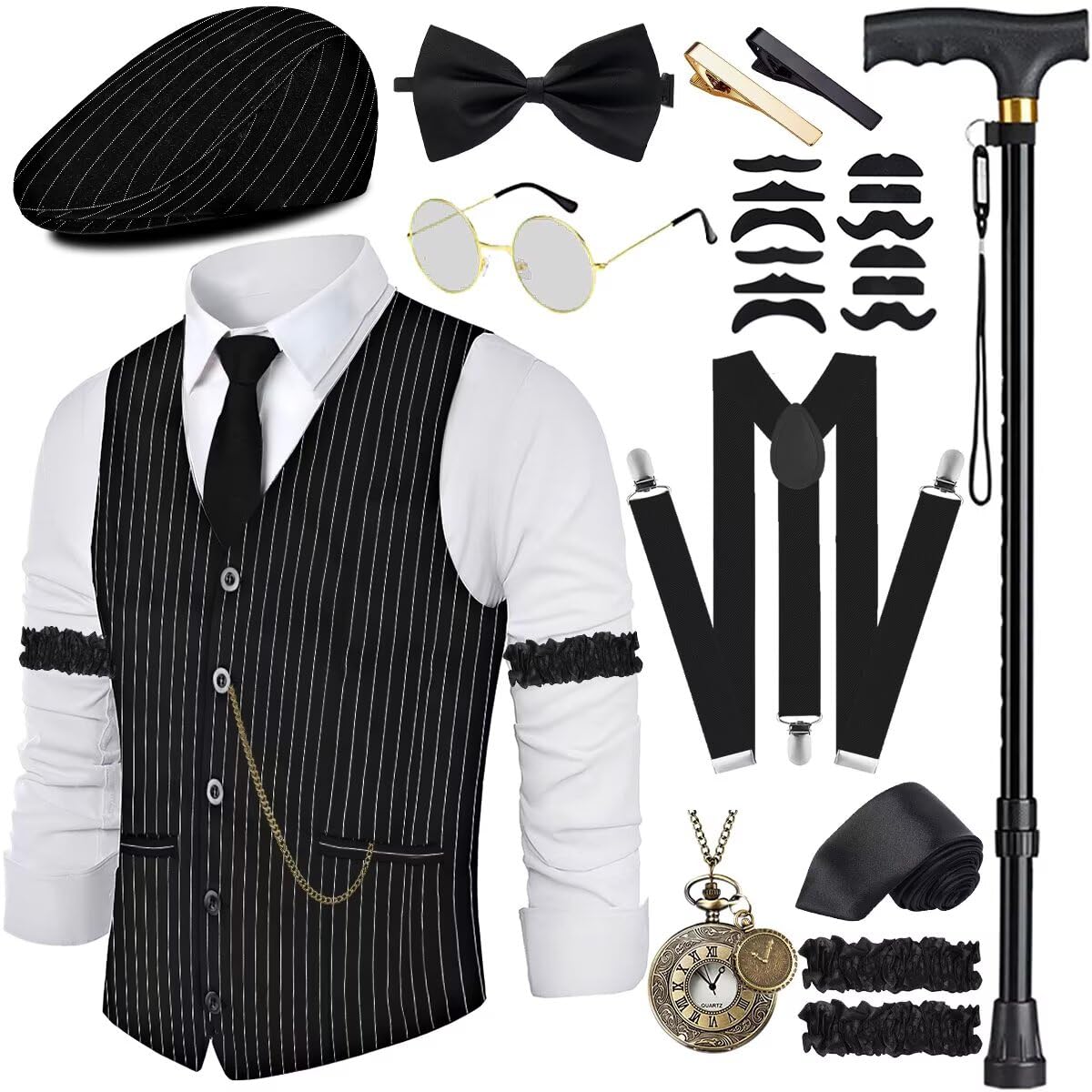 VillbeCoser 1920er Jahre Herren-Kostüm, brüllende 20er-Jahre-Kostüme, Zubehör-Set, 1920er-Jahre-Weste, Hosenträger, Hut, Taschenuhr, Krawatte