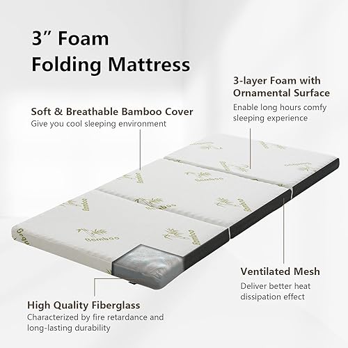 Miniatura 4 de Giantex Colchón plegable individual, colchón de espuma viscoelástica de triple pliegue de 3 pulgadas, cubrecolchón plegable con tela de punto suave,