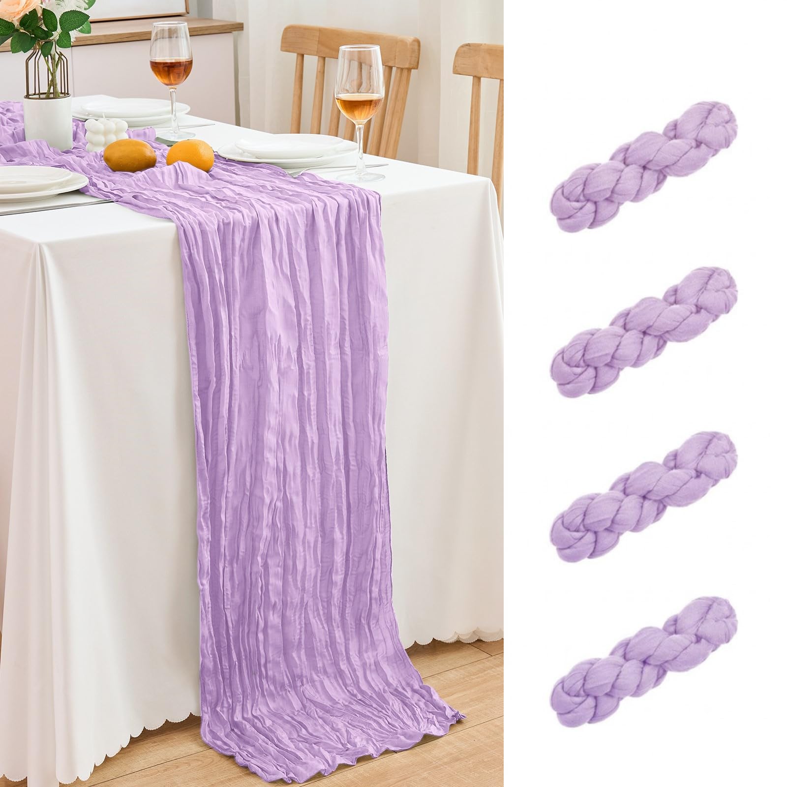 4 Pack Lilac Purple Cheesecloth Table Runner 21.5x120 Inch, Semi Sheer Boho Gauze Cheese Cloth Fabric Table Runners 10 FT Long for Wedding Party Baby Shower Birthday Home Decor