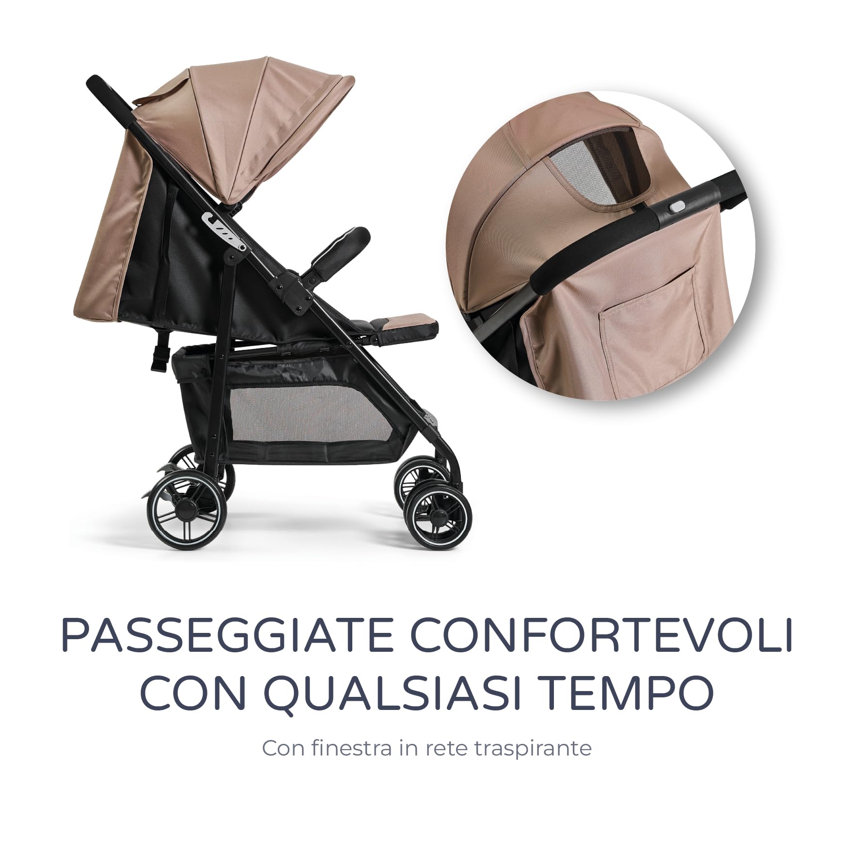 MS BabyWorld Passeggino STREET Carrello bimbo leggero Dalla nascita a 36 mesi 22 kg Ammortizzatori Cappottina XXL Reclinazione massima Beige