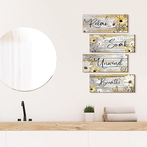 Miniatura 3 de Sunnyray 4 piezas de decoración de pared de baño de granja, carteles de primavera con margaritas de tulipán y mariposas, arte de pared de baño con